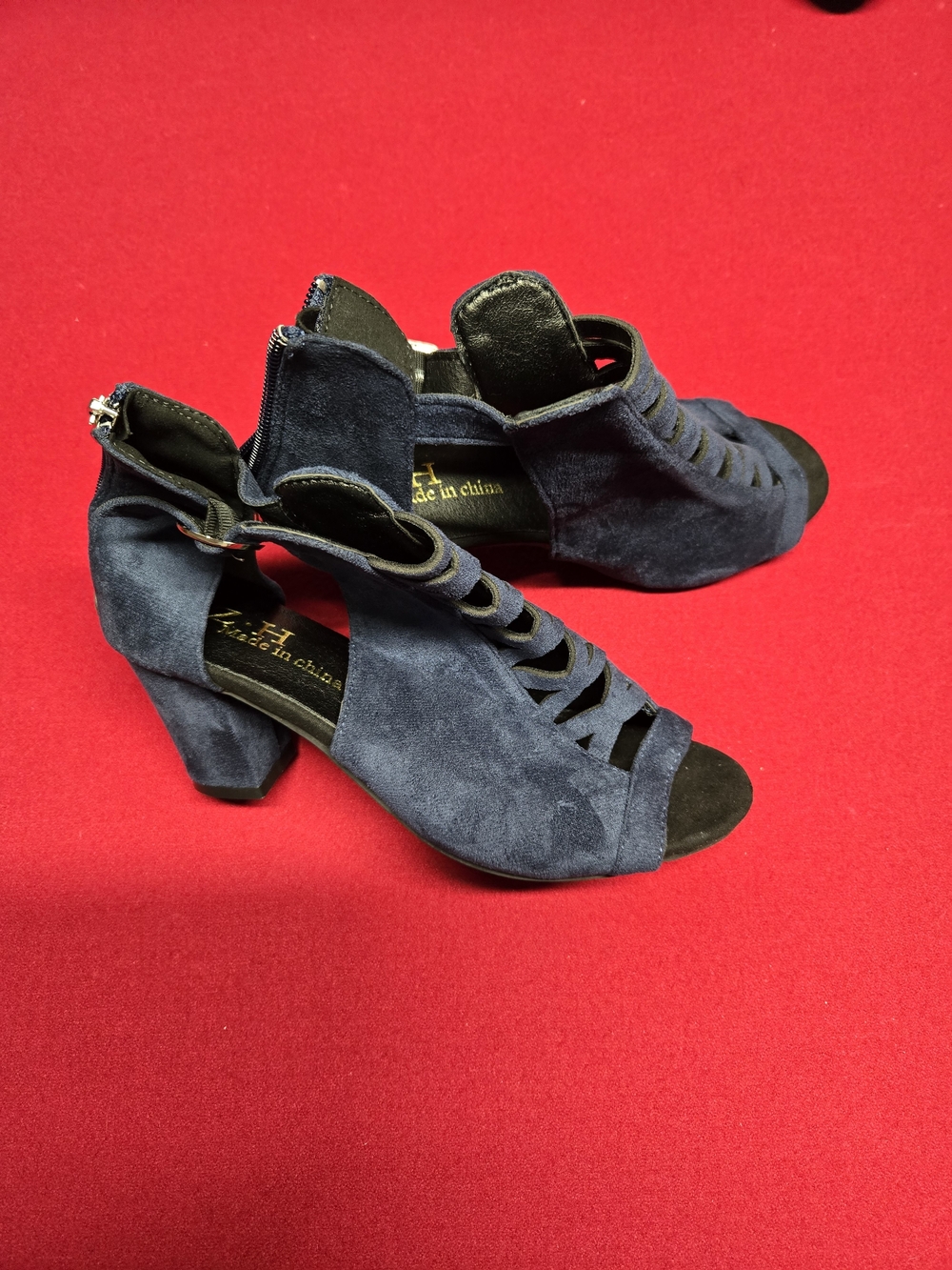 Navy Suede Peep-Toe Cutout Block Heel Sandals